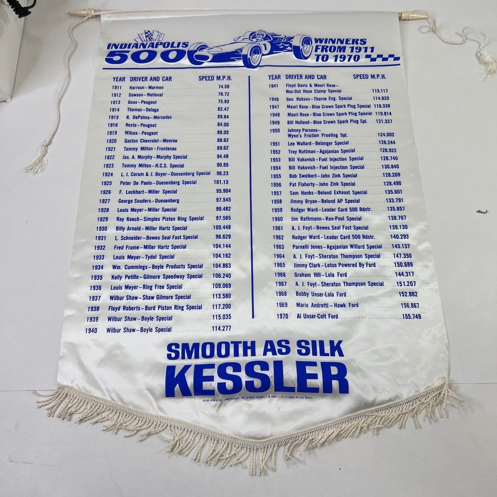 Vintage Indianapolis 500 Winners 1911-1970 Kessler Whiskey Satin Banner Pennant